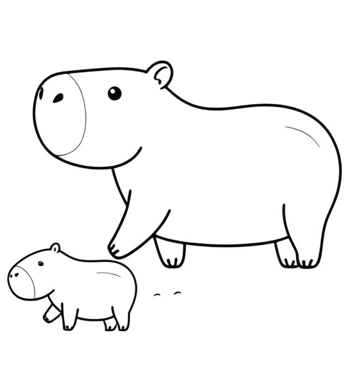 Desenho de uma capivara mãe e seu filhote, com traços simples e estilo cartoon, perfeito para colorir e celebrar o amor familiar.
