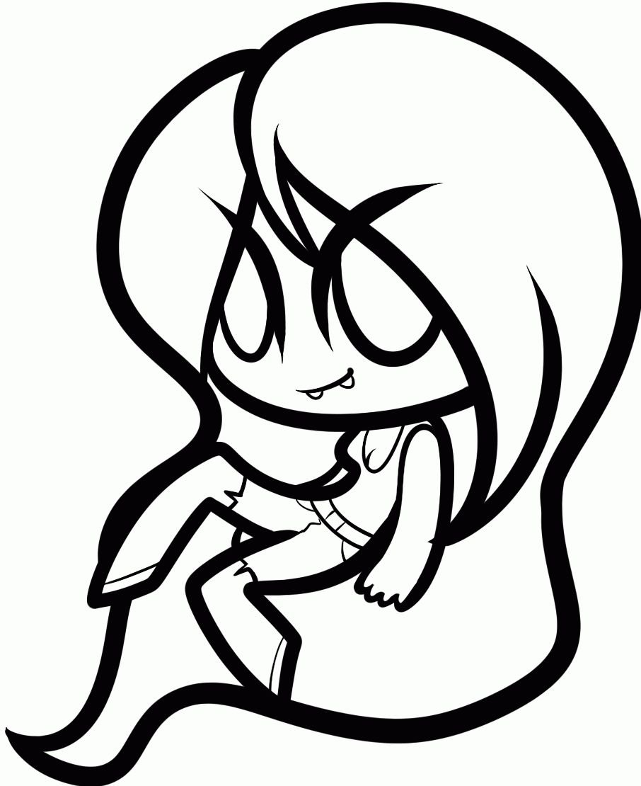 Desenho da Marceline em estilo Chibi Kawaii com traços grossos e sorriso de canto para imprimir e colorir.