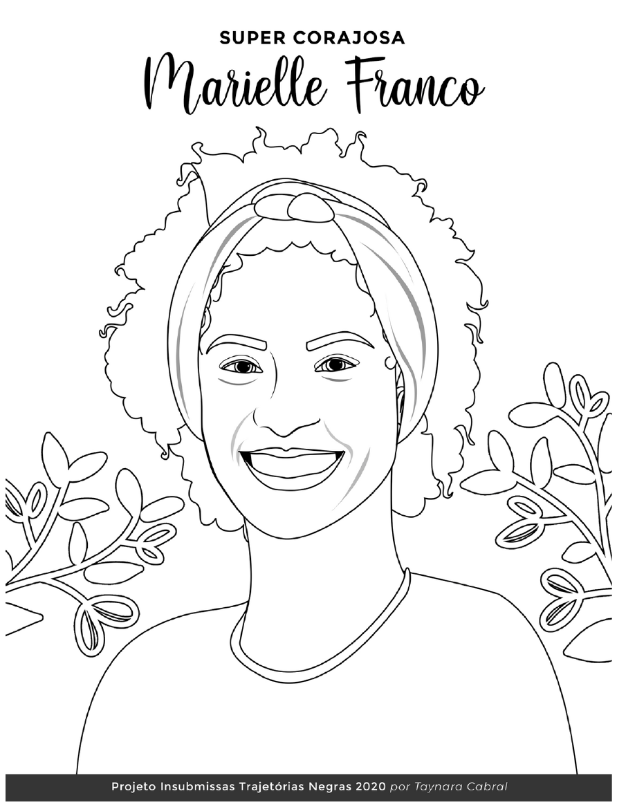 Desenho de Marielle Franco em estilo cartoon com faixa no cabelo e ramos ao lado para imprimir e colorir.