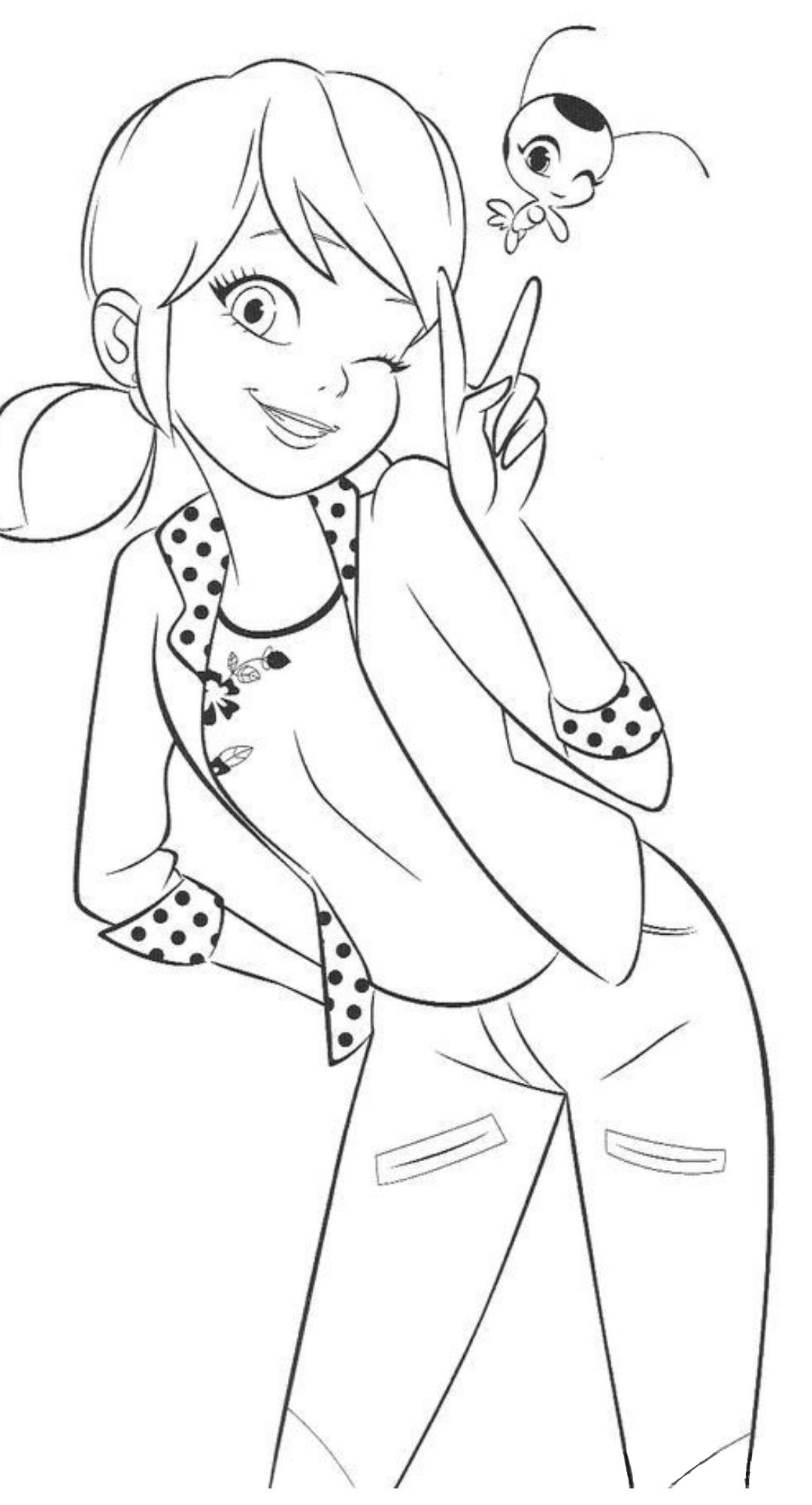 Desenho da Marinette e Tikki da série Miraculous Ladybug para imprimir e pintar.