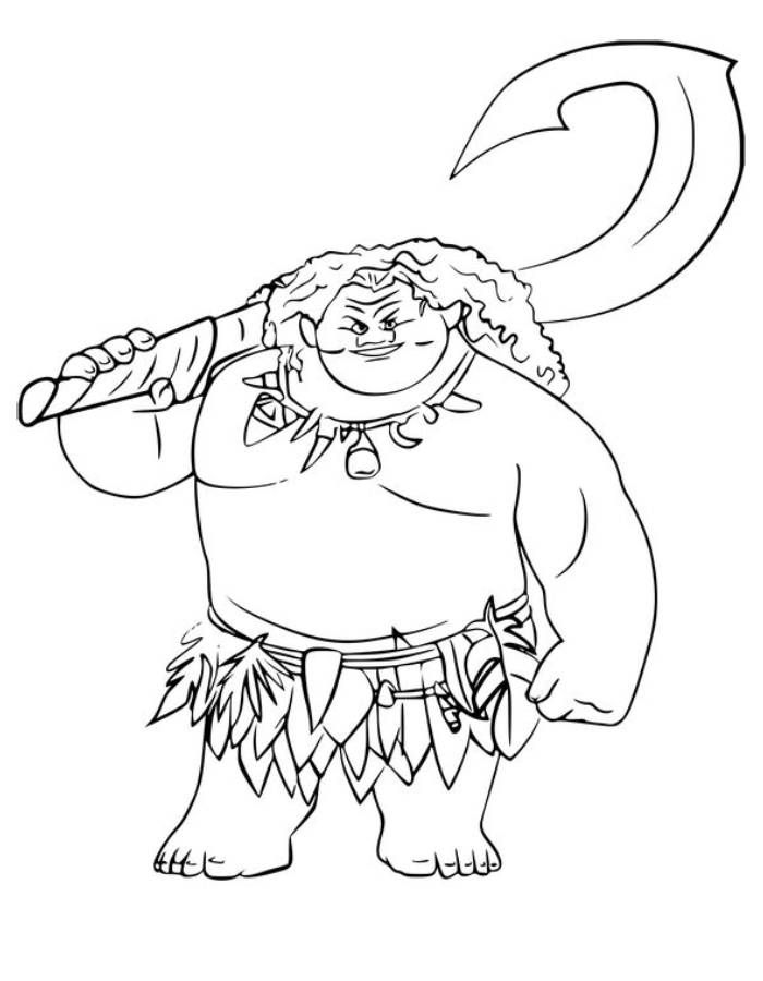 Desenho do Maui de Moana, um semideus forte com seu anzol mágico, pronto para imprimir e ganhar cores vibrantes.