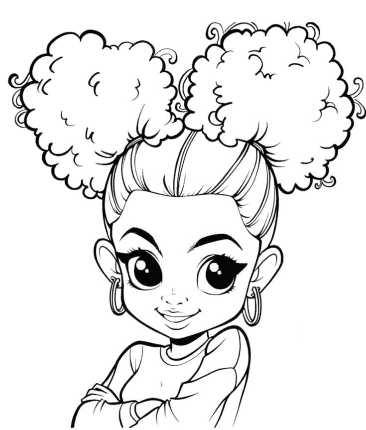 Desenho de uma menina afro com cabelo em puffs, brincos de argola e braços cruzados para imprimir e colorir.