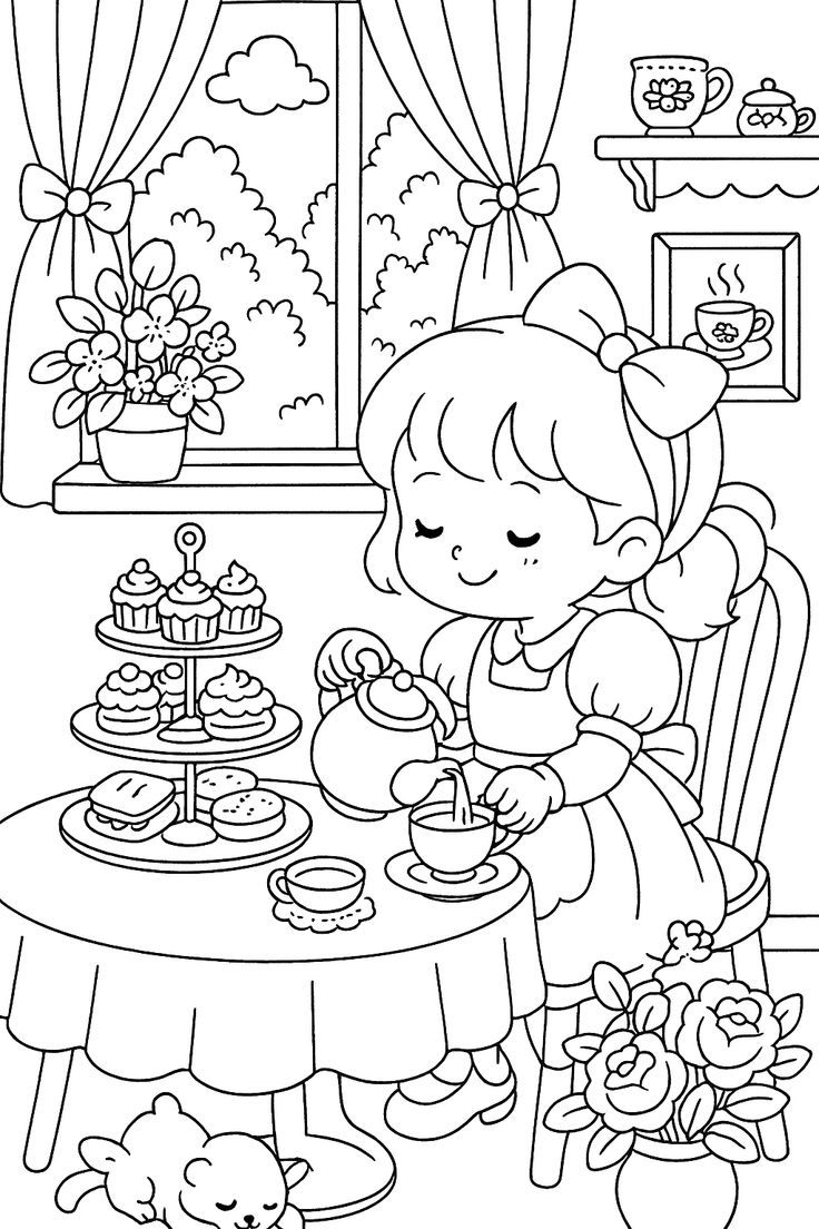 Desenho de uma menina Bobbie Goods servindo chá com bolo, xícaras e um cachorrinho dormindo para imprimir e colorir.