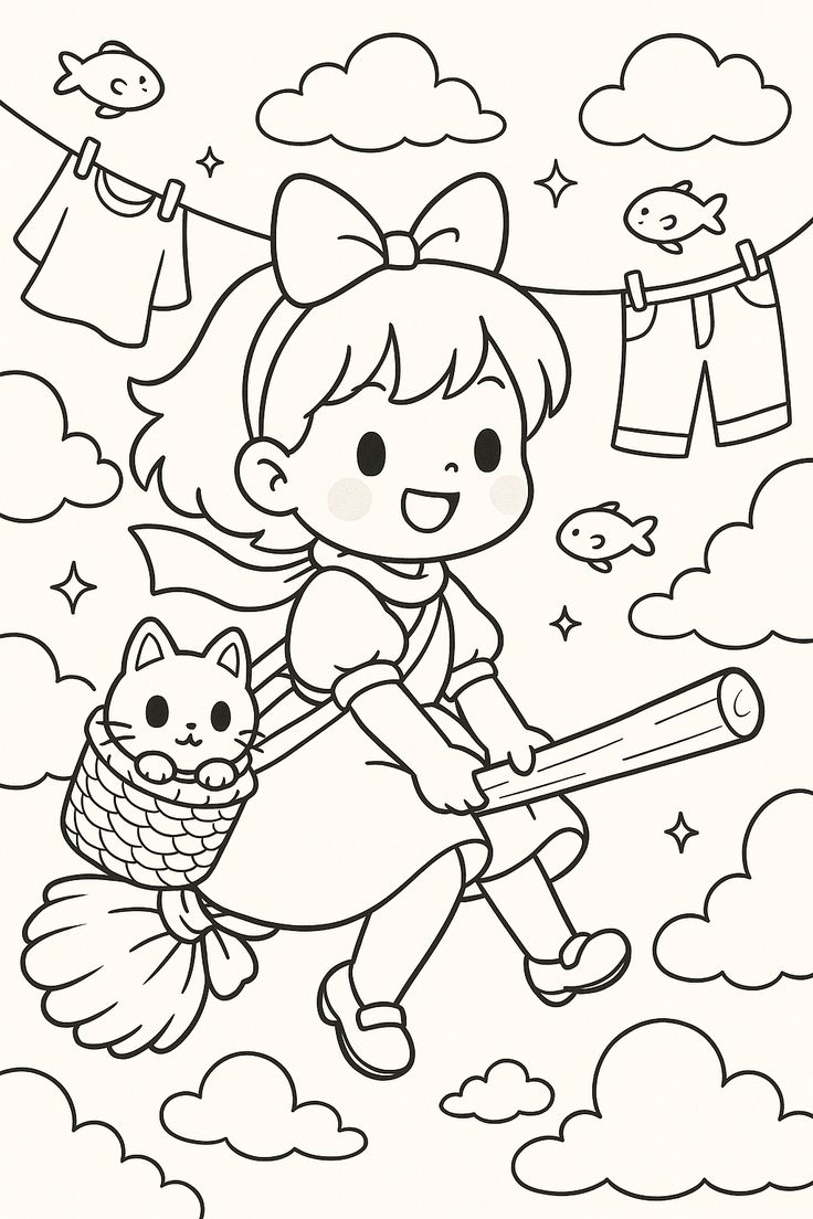 Desenho de uma menina bruxa voando em uma vassoura com um gato em uma cesta, varal com roupas e peixes voando no céu estrelado para colorir.