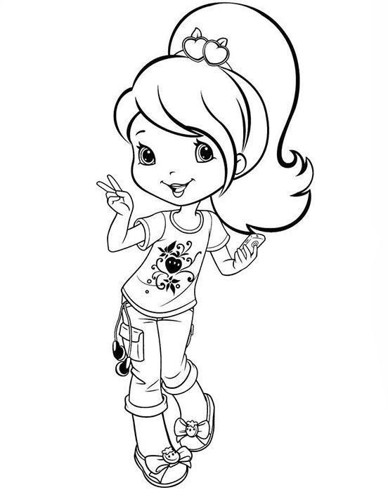 Desenho da Ameixinha, amiga da Moranguinho, com rabo de cavalo alto, acessórios no cabelo e celular na mão, para imprimir e colorir.