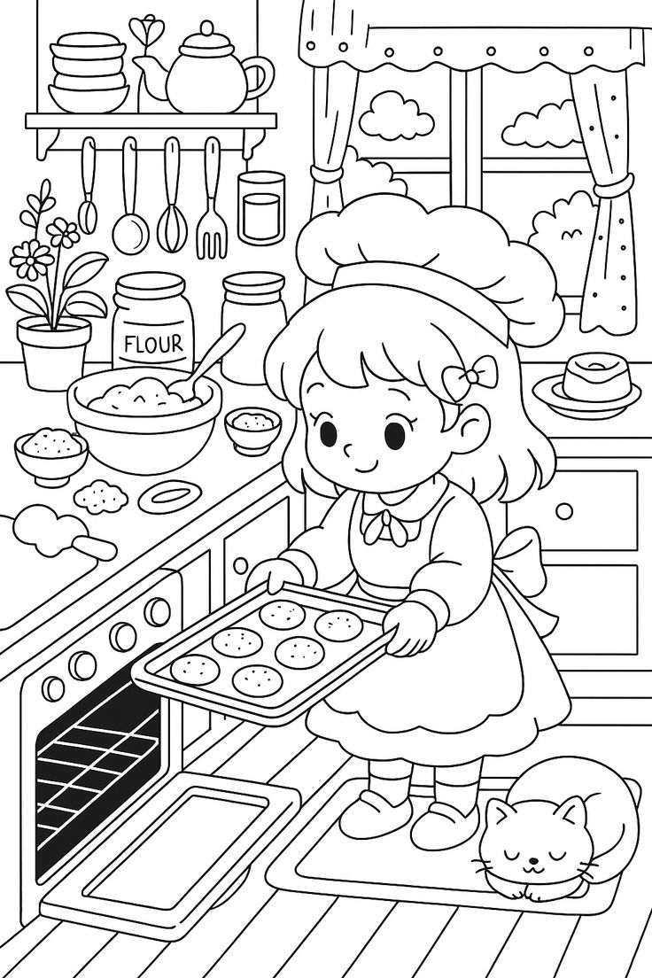 Desenho de uma menina vestida de chef de cozinha, sorrindo enquanto assa biscoitos em uma cozinha aconchegante, com um gato dormindo perto do forno.