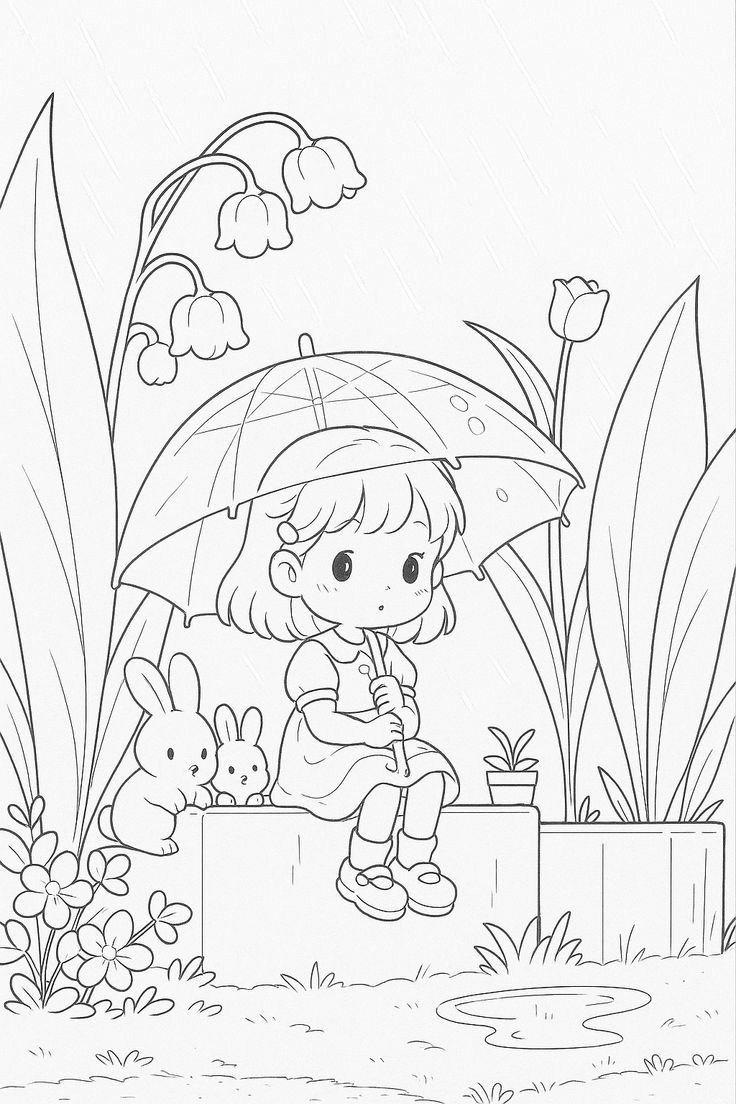 Desenho de uma menina com guarda-chuva em dia de chuva, rodeada por coelhos, flores e poças para imprimir e colorir.
