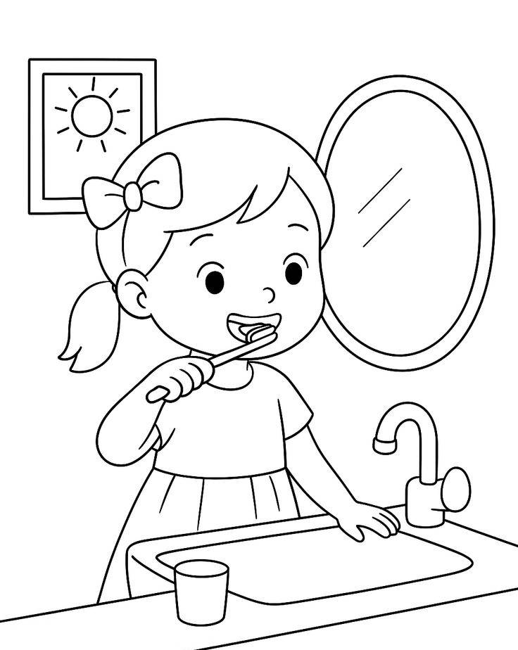 Desenho de uma menina escovando os dentes da Bobbie Goods transformando a tarefa em uma aventura mágica para imprimir e colorir.