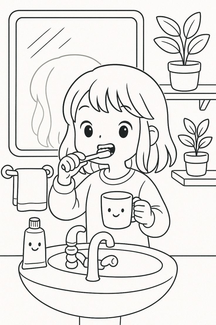 Desenho de uma menina sorridente escovando os dentes para imprimir e colorir.