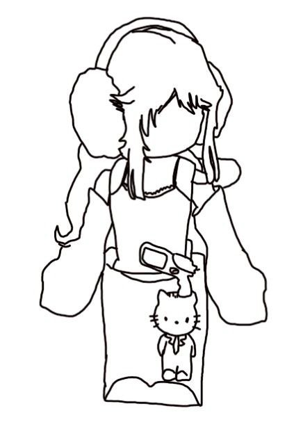Desenho de menina Roblox com roupa da Hello Kitty, fone de ouvido de inverno e celular para colorir.