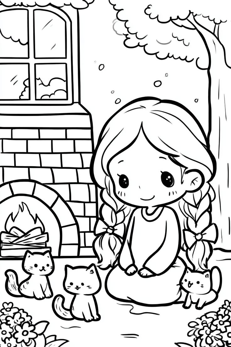 Desenho de uma menina kawaii com seus gatos em um ambiente aconchegante, cercada por corações, para colorir e imprimir.