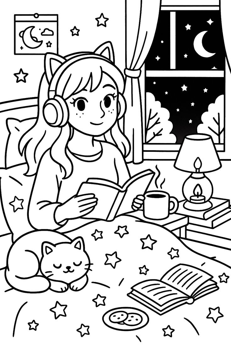 Desenho de menina kawaii lendo na cama com gato dormindo, fones de ouvido de gato, biscoitos e vista noturna para imprimir.