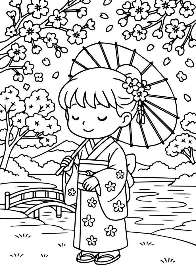 Desenho de uma menina vestindo um kimono em um jardim japonês com cerejeiras em flor, ideal para colorir e aprender sobre a cultura japonesa.