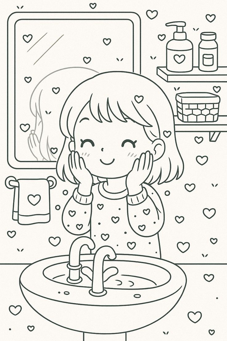 Desenho de uma menina lavando o rosto da Bobbie Goods após um sonho mágico, pronta para colorir e inspirar a imaginação.