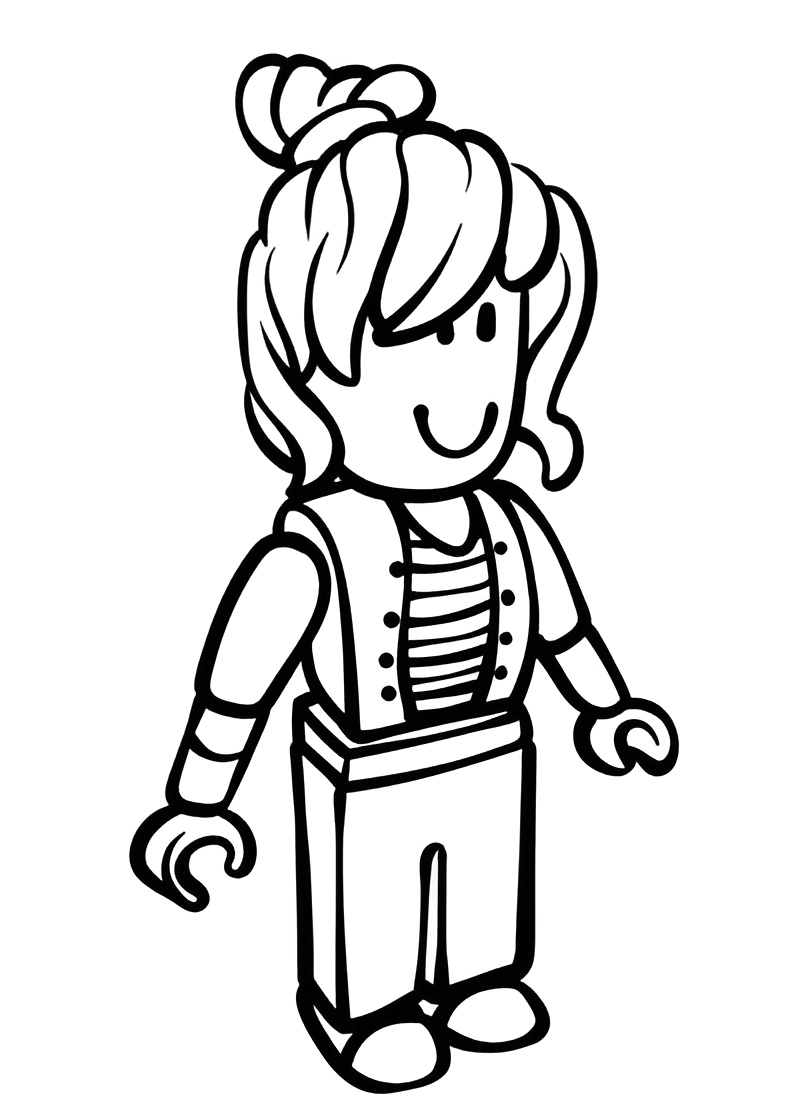 Desenho de menina Roblox com coque, roupa listrada e estilo anime para imprimir e colorir.