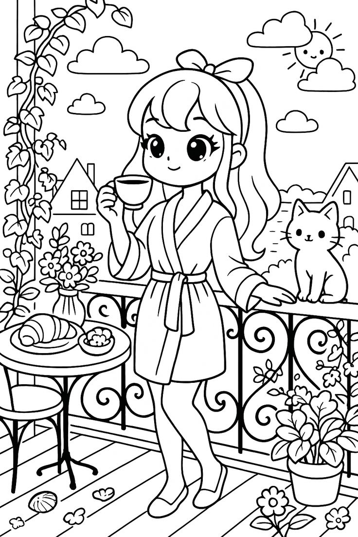 Menina de roupão bebendo café com gato na varanda, croissant, flores, sol e casinha para colorir.