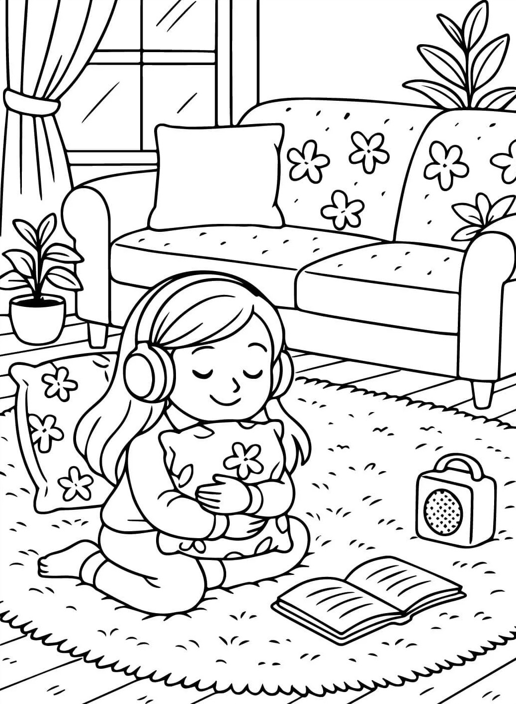 Desenho de uma menina relaxando em uma sala aconchegante com fones de ouvido, livro e rádio, ideal para colorir e relaxar.