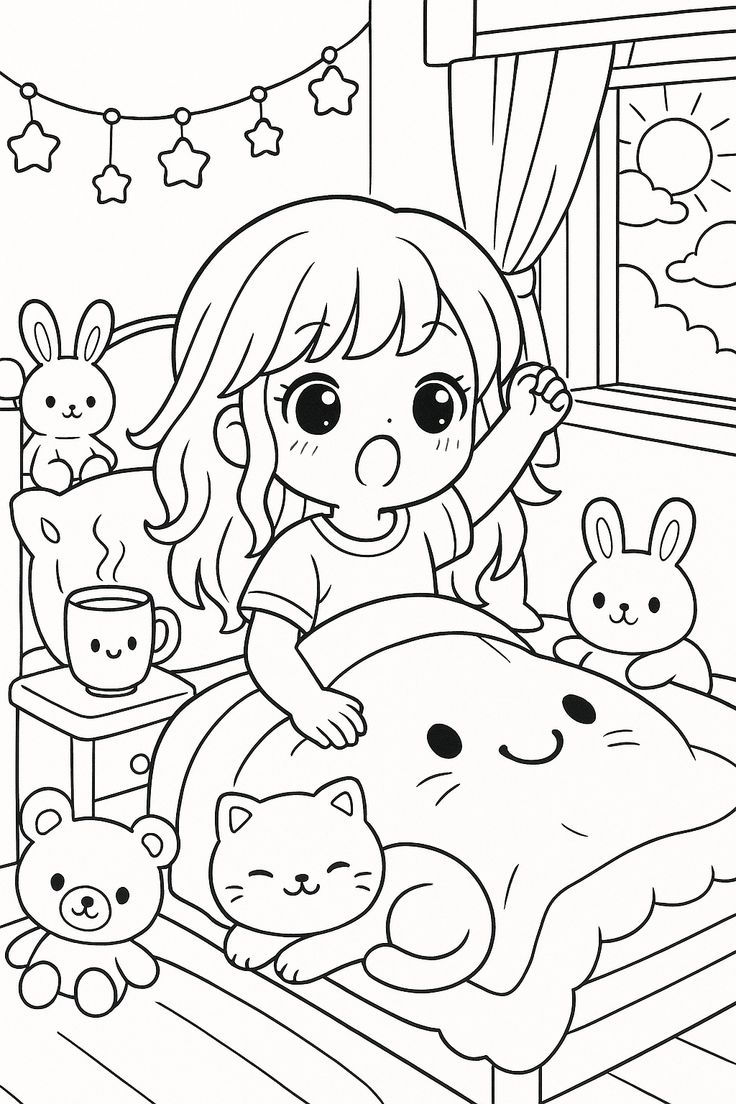 Desenho de uma menina sonhadora da Bobbie Goods com coelhinhos, ursinhos e um mundo de fantasia para imprimir e colorir.