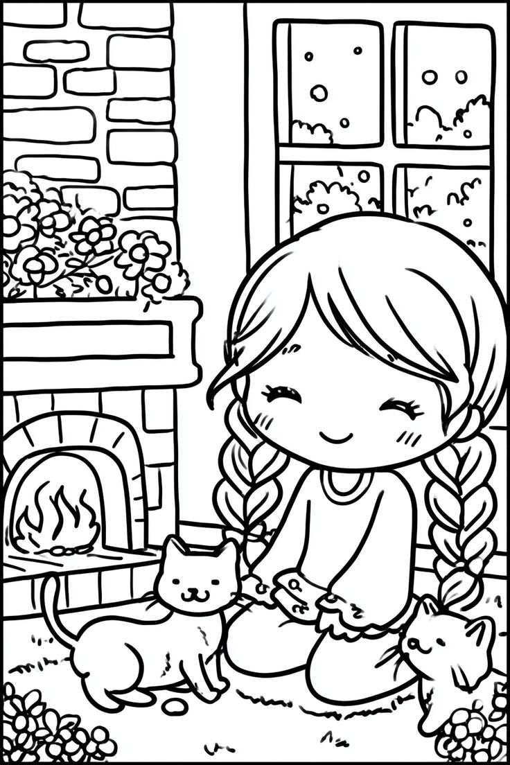Desenho da Menina Sonia com seus gatos perto da lareira em um dia de inverno para colorir e imprimir.