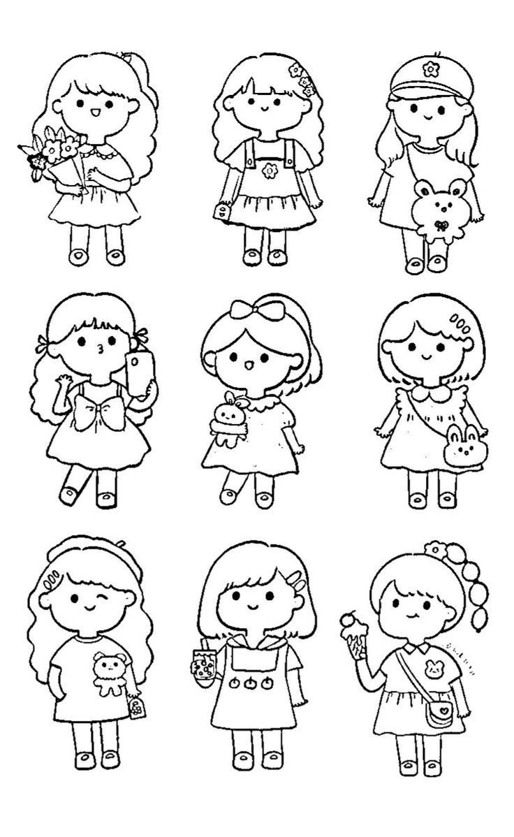 Desenhos de várias meninas kawaii em poses diferentes segurando ursinho, celular, bebida e flores para colorir.
