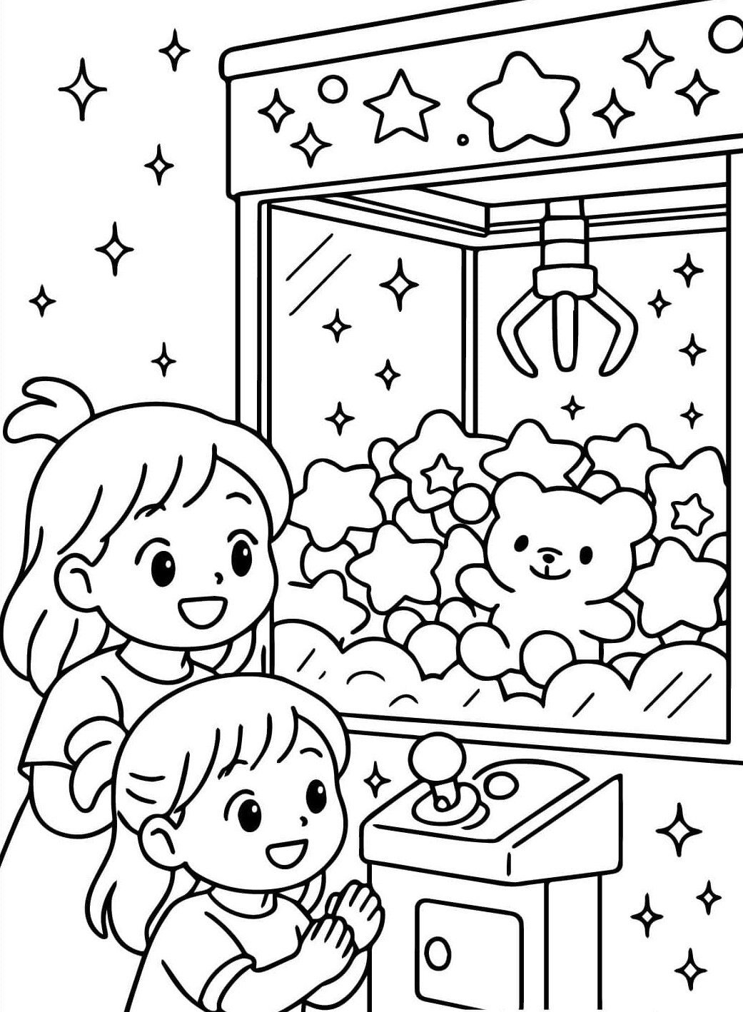 Desenho de duas meninas observando uma máquina de pelúcia cheia de estrelas e um ursinho, perfeito para colorir.