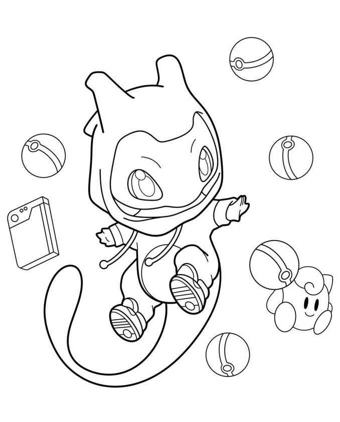 Mew vestido de Mewtwo com Pokebolas ao fundo para imprimir e colorir.