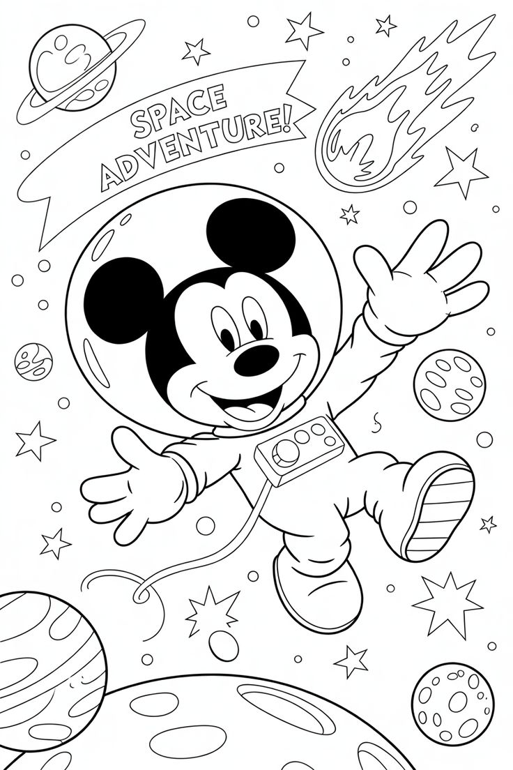Desenho do Mickey Mouse astronauta em uma aventura espacial com cometa, estrelas e planetas para imprimir e colorir.