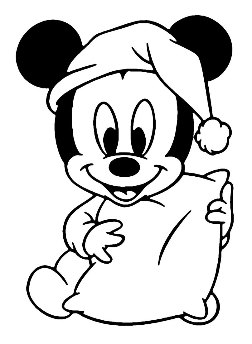 Desenho do Mickey Bebe de touca, segurando um travesseiro, pronto para a hora de dormir, para imprimir e colorir.