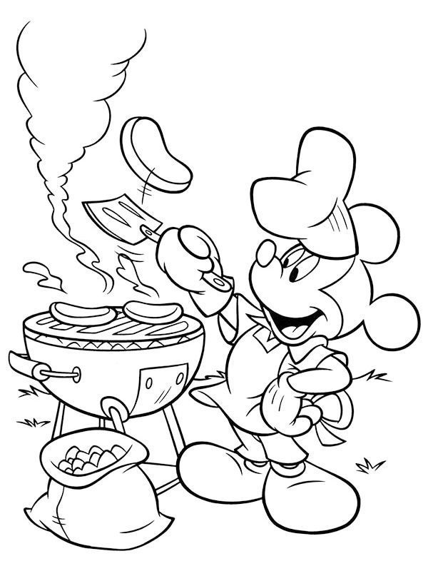Desenho do Mickey Mouse preparando um delicioso churrasco com salsichão na churrasqueira, perfeito para imprimir e colorir.