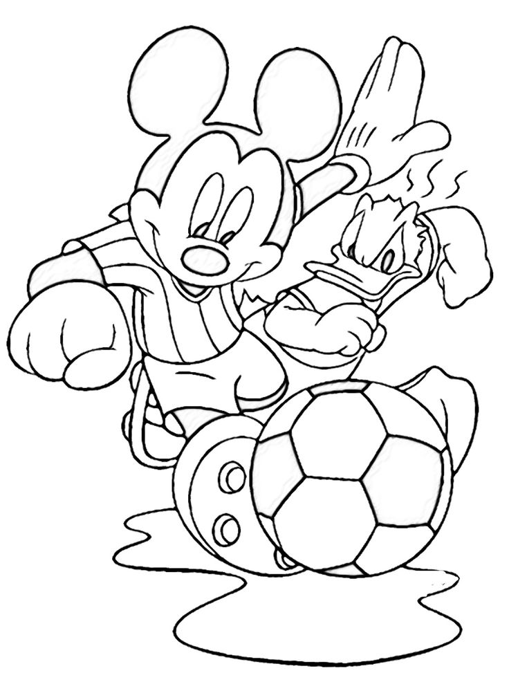 Desenho do Mickey e Donald jogando em um campeonato de futebol para imprimir e colorir.