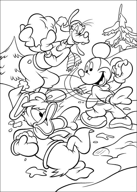 Desenho do Mickey, Donald e Pateta em uma animada guerra de bolas de neve para imprimir e colorir.