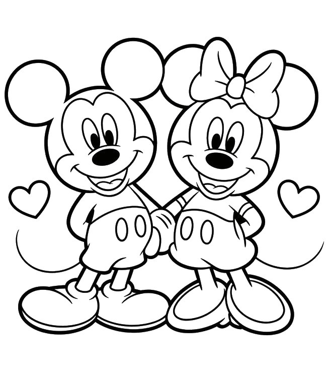 Desenho de Mickey e Minnie Mouse de mãos dadas com corações flutuantes para imprimir e colorir.