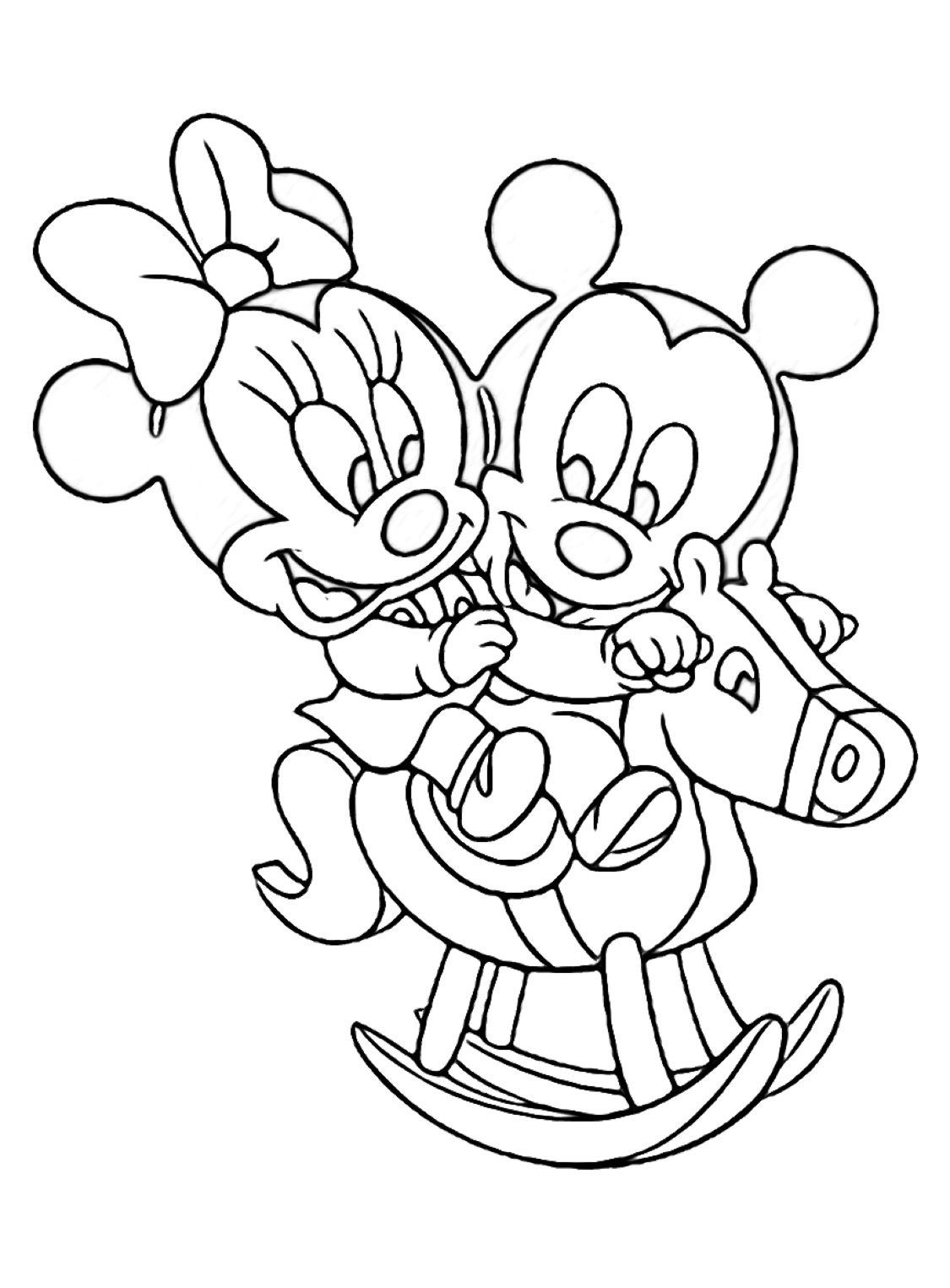 Desenho do Mickey e da Minnie bebês abraçados em um cavalinho de madeira para imprimir e colorir.