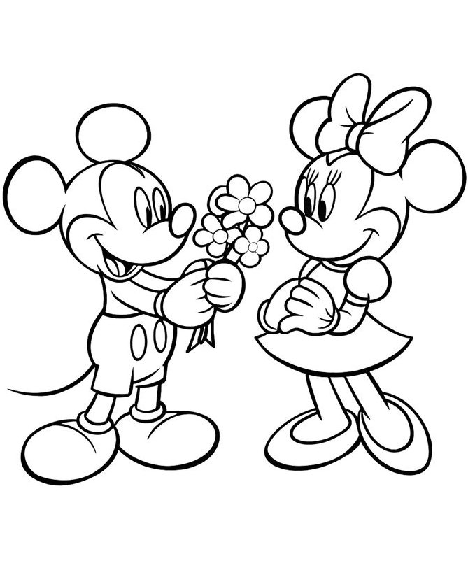 Desenho do Mickey Mouse entregando flores para Minnie Mouse, ambos sorrindo, para imprimir e colorir.