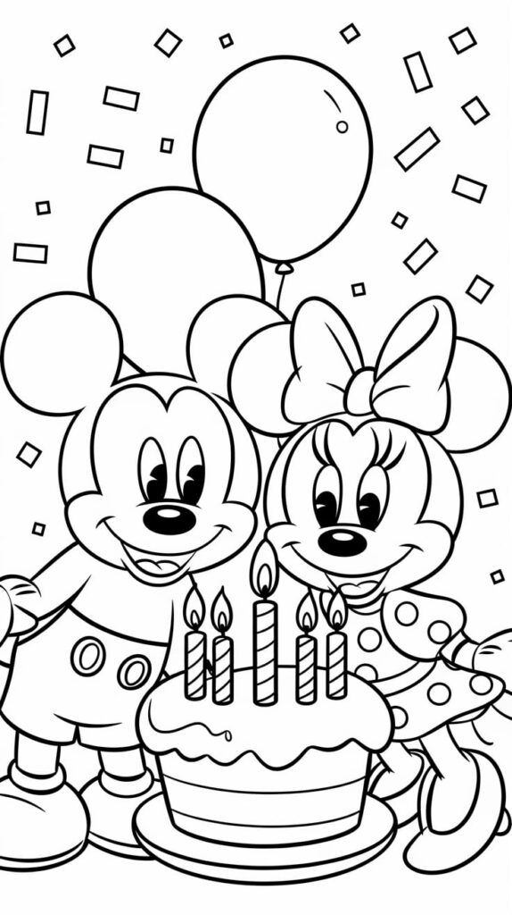 Desenho do Mickey e da Minnie Mouse comemorando aniversário com bolo, balões e confetes para imprimir e colorir.