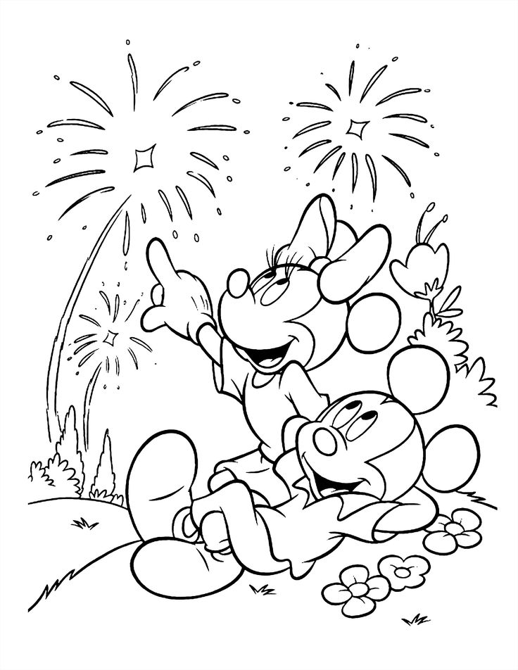 Desenho do Mickey e Minnie se abraçando em frente aos fogos de artifício no Ano Novo, para imprimir e colorir.