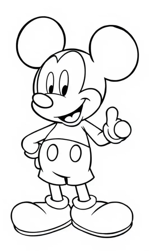 Desenho do Mickey Mouse com orelhas redondas, shorts, sapatos grandes e pose amigável para imprimir e colorir.