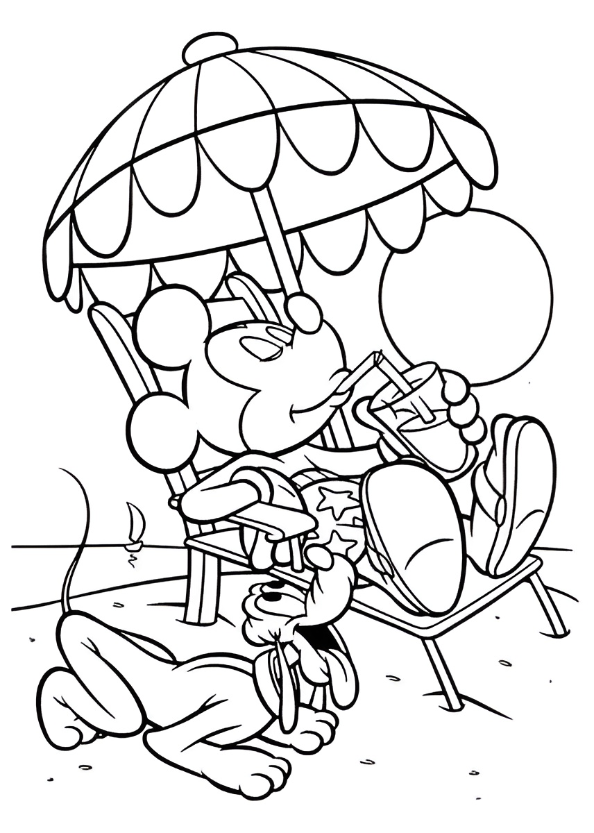 Desenho do Mickey Mouse e Pluto aproveitando um dia ensolarado na praia, com guarda-sol, castelo de areia e muita diversão para colorir.