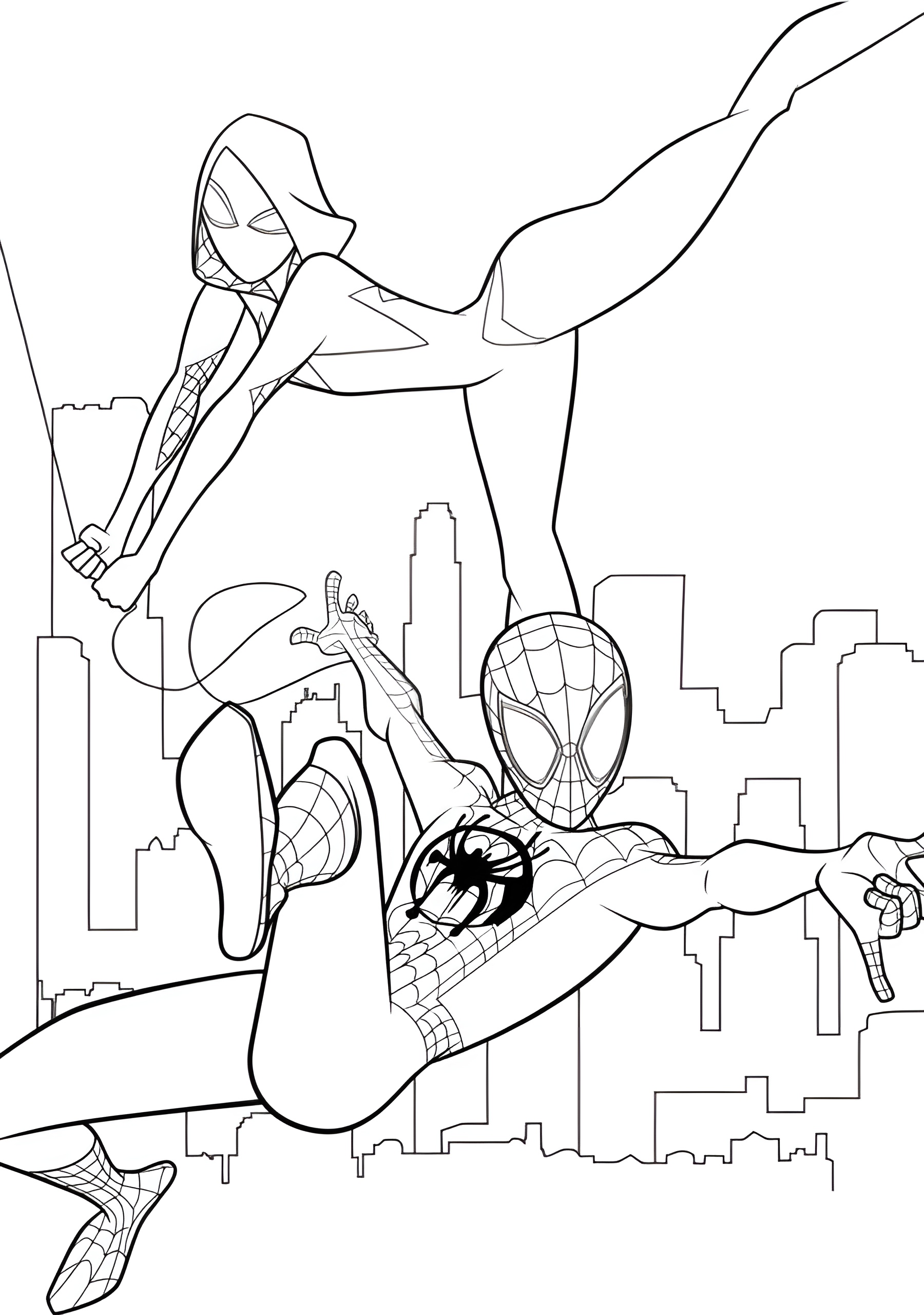 Desenho de Miles Morales e Gwen Stacy em ação no Aranhaverso, com a cidade ao fundo, perfeito para imprimir e colorir e usar a criatividade.