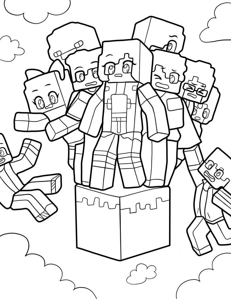 Desenho de personagens do minigame Skyblock do Minecraft, com blocos, nuvens e figuras humanas para colorir.