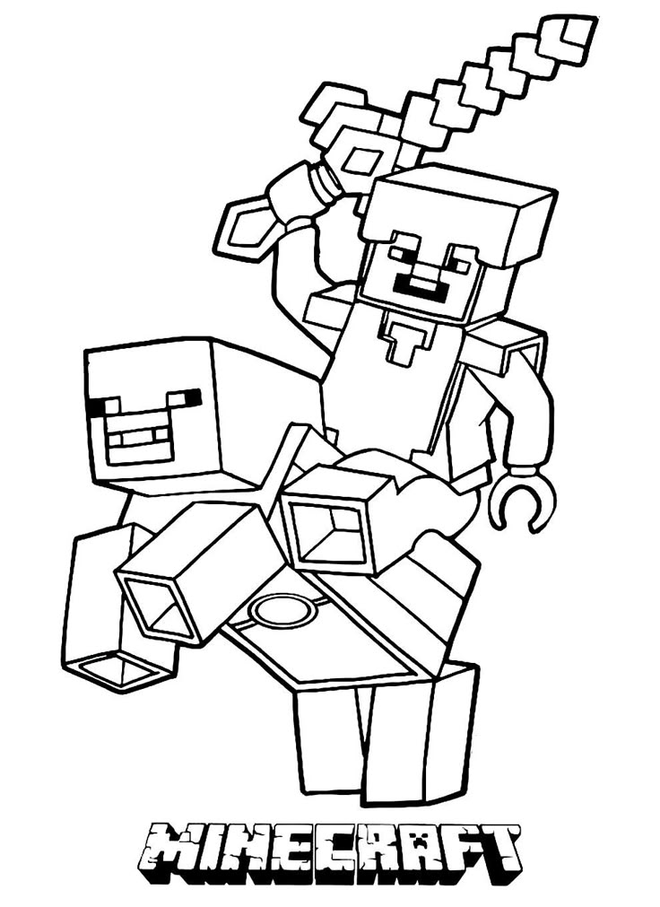 Desenho de um personagem do Minecraft montado em uma criatura cúbica, com o logo do jogo, pronto para imprimir e colorir.
