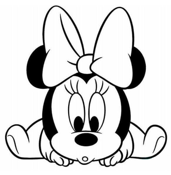 Desenho da Minnie bebê com suas orelhinhas redondas, um laço charmoso e seus grandes olhos expressivos, pronta para colorir e se divertir!
