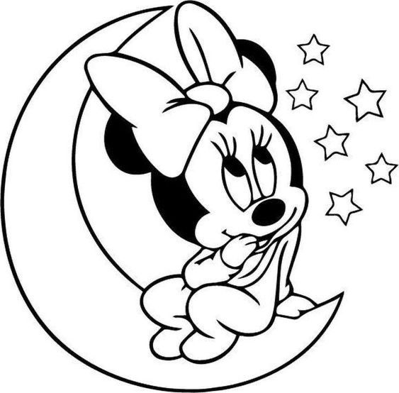 Desenho da Minnie Bebê sentada na lua crescente com estrelas brilhantes, perfeita para colorir e imaginar um universo de sonhos.