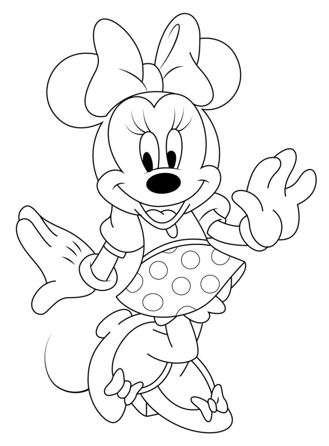 Desenho da Minnie Mouse com laço, vestido de bolinhas e sapatos com laço para imprimir e colorir.