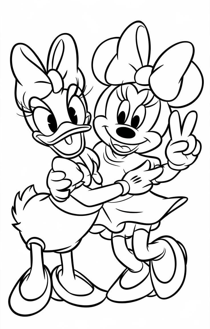 Desenho da Minnie e Margarida abraçadas, prontas para imprimir e colorir. Ideal para fãs da Disney e atividades infantis.