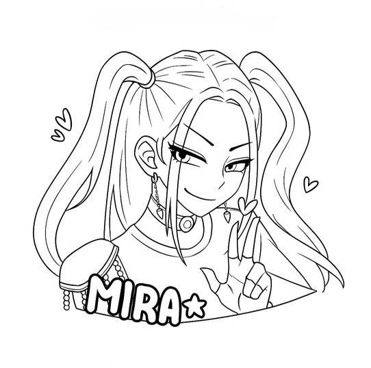 Desenho de Mira, a Guerreira do K-pop com estilo punk, cabelos chamativos e expressão confiante, pronta para colorir e imprimir.