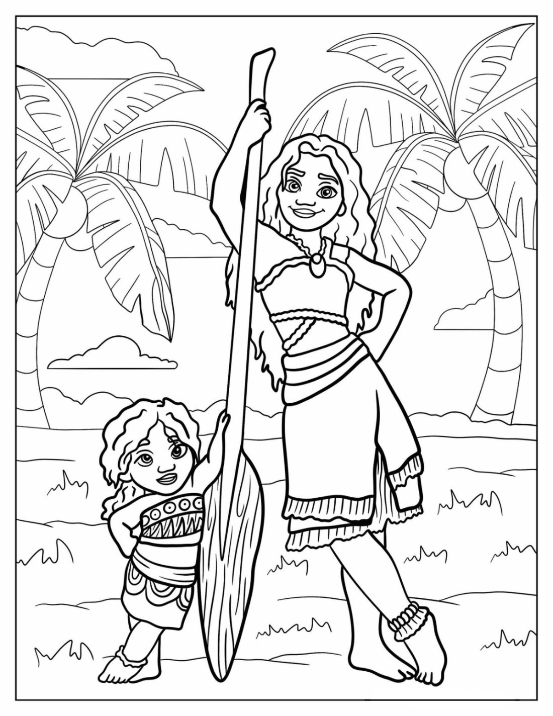 Desenho da Moana adulta e bebê em estilo cartoon, com coqueiro ao fundo e paisagem litorânea para imprimir e colorir.