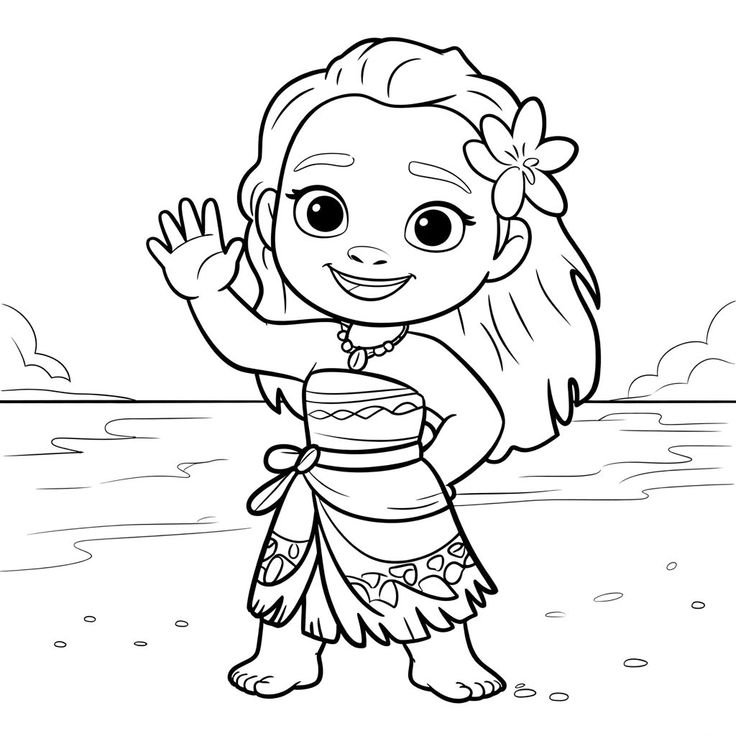 Moana bebê acenando, com flor no cabelo e vestes tradicionais, pronta para colorir e te levar em uma aventura no mar!