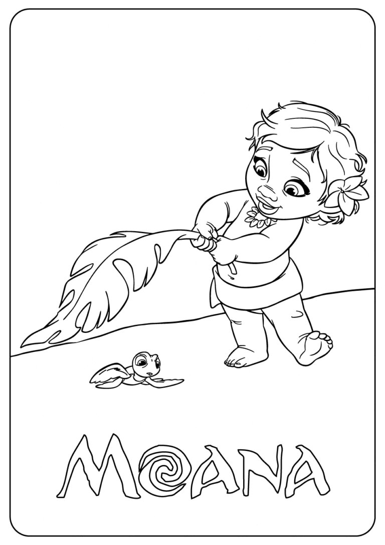 Desenho da Moana bebê puxando uma folha com uma tartaruga marinha para imprimir e colorir.