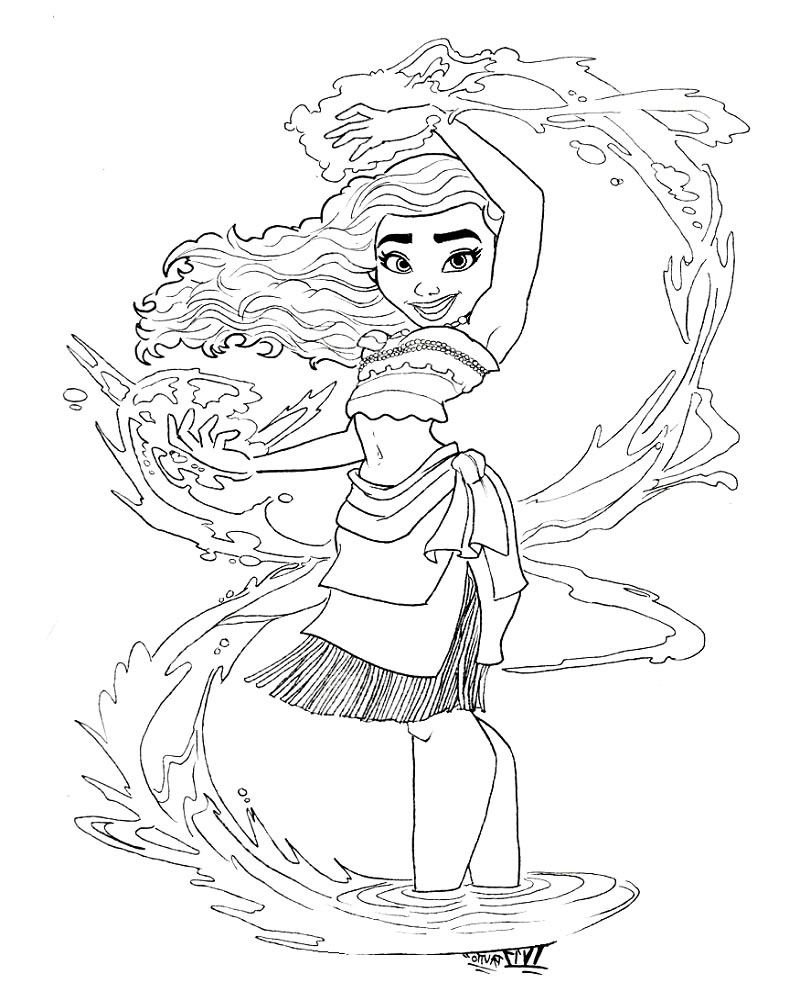Desenho da Moana em pé controlando a água, com trajes típicos e um sorriso radiante, pronto para imprimir e colorir.